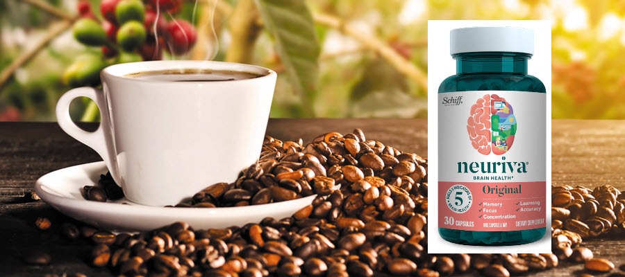 Neuriva Original contains coffee fruit extract which is pictured as a cup of coffee and coffee beans